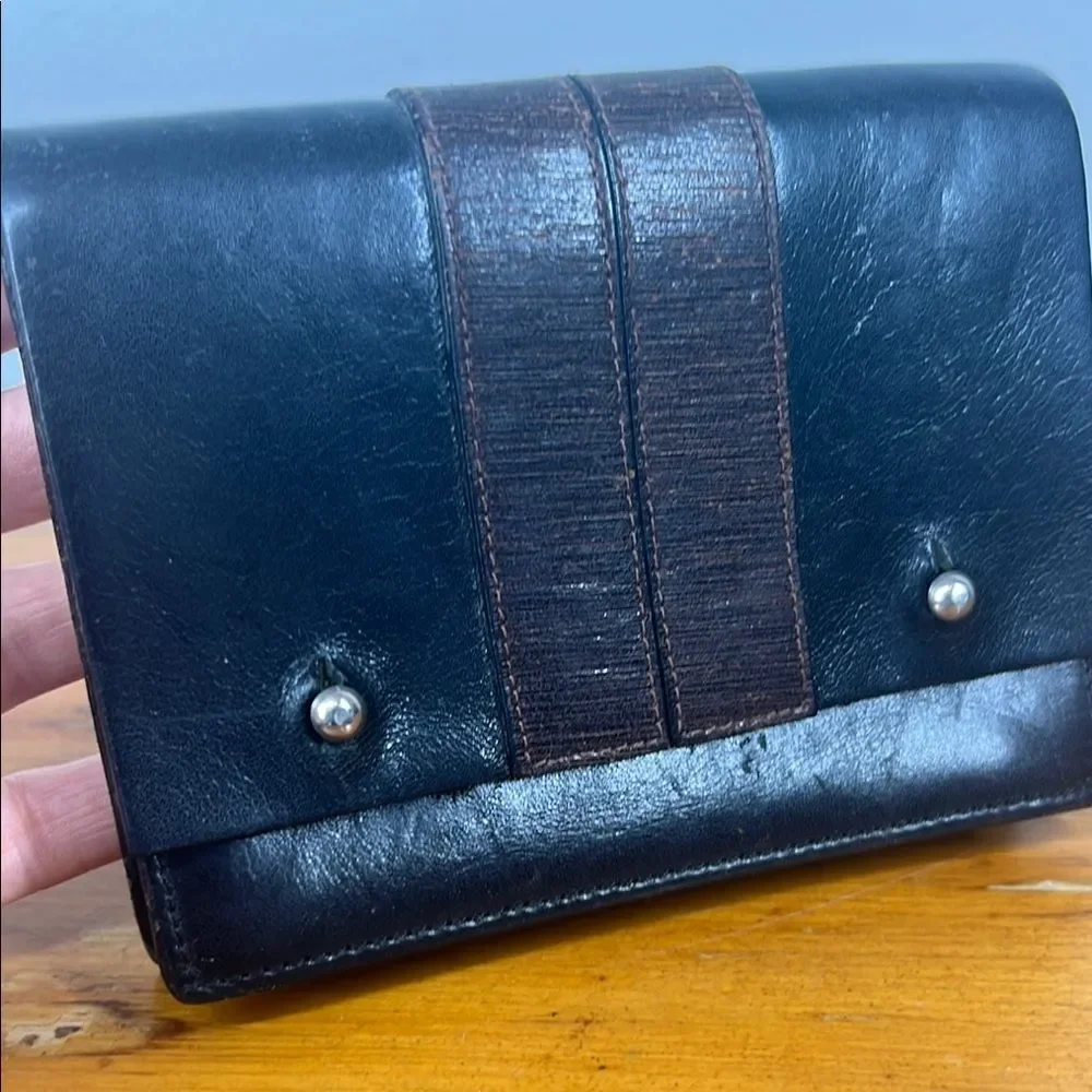 Compact Black and Brown Leather Belt Wallet with Metal Studs